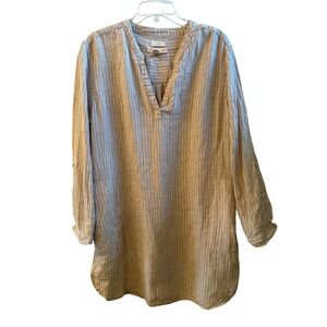 C&C California Linen Striped Tunic Top Roll Tab Sleeve Coastal Pockets Size XL
